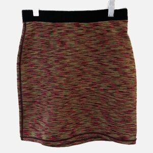 Silence + Noise Stretchy Pencil Black Ribbed Waist Multi Print Mini Skirt. XS